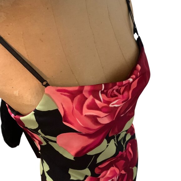 VTG Dress Y2K High-Low MIDI Spaghetti Strap Black Red Floral Sz M Goth Grunge - Picture 2 of 16